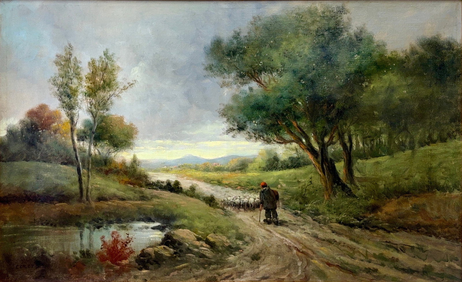 Jean Baptiste Camille Corot, Oil on Canvas, French (1796-1875): Artist, Year, Title: Jean Baptiste Camille Corot, (1796-1875). Origin: French. Medium: Oil on canvas. Dimensions: 23” x 38.5”. 28.5” x 44”. Condition: Good overall. Additional 