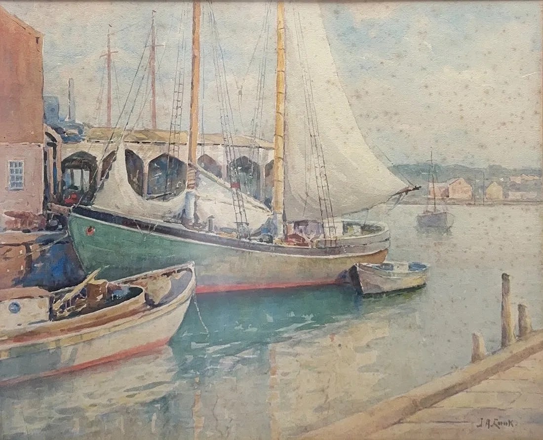 John A. Cook, Watercolor on Paper, American (1870 - 1936) "Docked": Artist, Year: John A. Cook, (1870-1936) "Docked". Origin: American. Medium: Watercolor on paper. Dimensions: 17.5'' x 21''. 28.5'' x 25''. Condition: Good overall. Additional Information: Signed lower