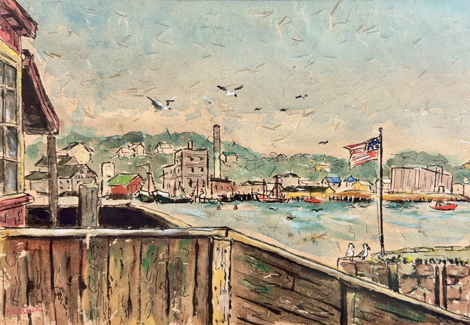 David Burliuk, Watercolor/Mix-Media on Paper, Ukrainian (1882-1967) "Flag in Harbor" (1 of 9)