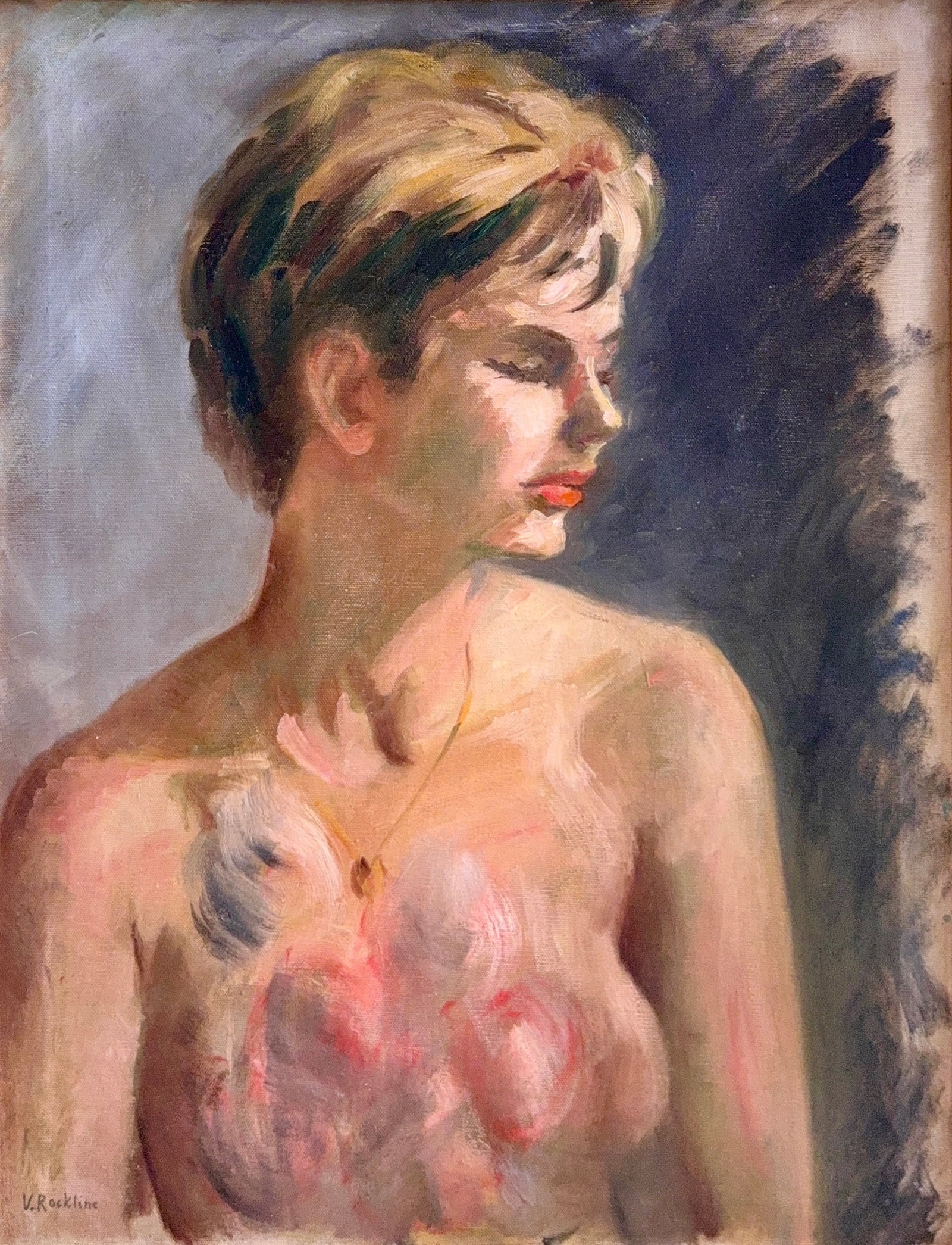 Vera Rockline, Oil on Canvas, Russian (1896-1934): Artist, Year, Title: Vera Rockline. Origin: Russian. Medium: Oil on canvas. Dimensions: 23.5'' x 17.5''; 30'' x 24'' . Condition: Good overall. Provenance: In Private collection by recent inheritance.