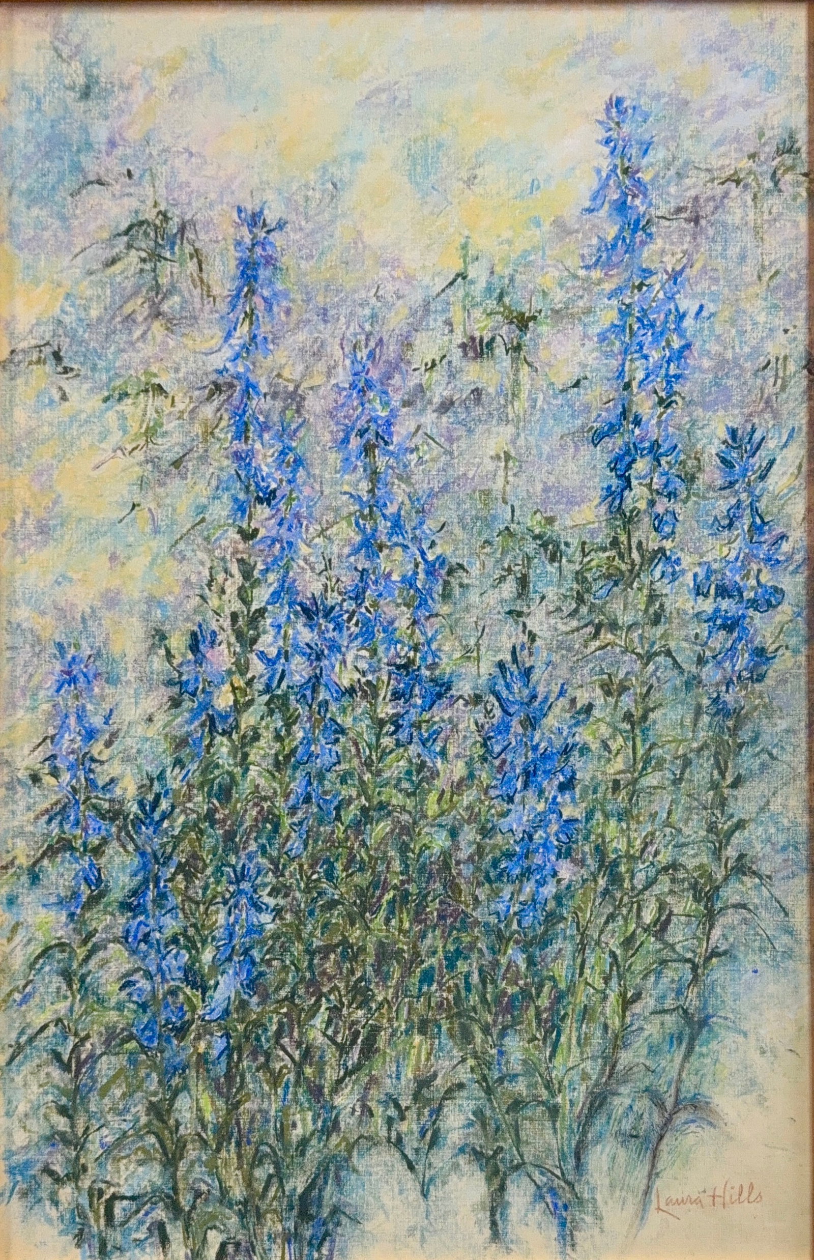 Laura Hills, Pastel/Mix-Media on Paper, American( 1859 - 1952): KEYWORDS: Delphiniums, Larkspurs, Cobalt blue, Ultramarine, Forest green, Pale yellow, Cream, Vertical floral spikes, Rhythmic brushwork, Luminous background, Serene, delicate, garden-inspired. Born: 