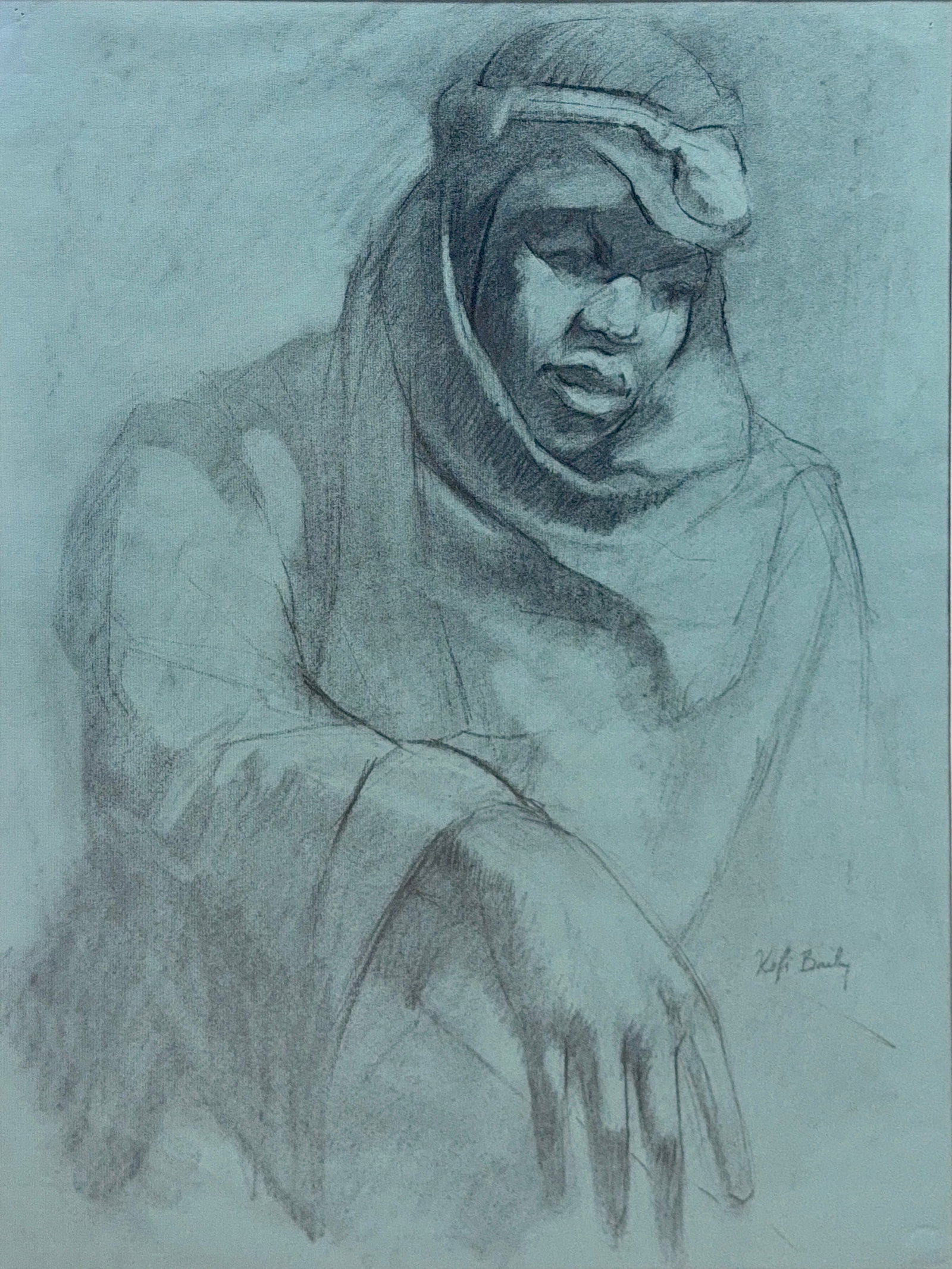 Kofi Bailey, Charcoal on Paper, American (1931-1981): Artist, Year: Kofi Bailey, (1931-1981). Origin: American. Medium: Charcoal on paper. Dimensions: 24.5” x 18.5”. 30.5” x 24.5”. Condition: Good overall. Additional Information: 
