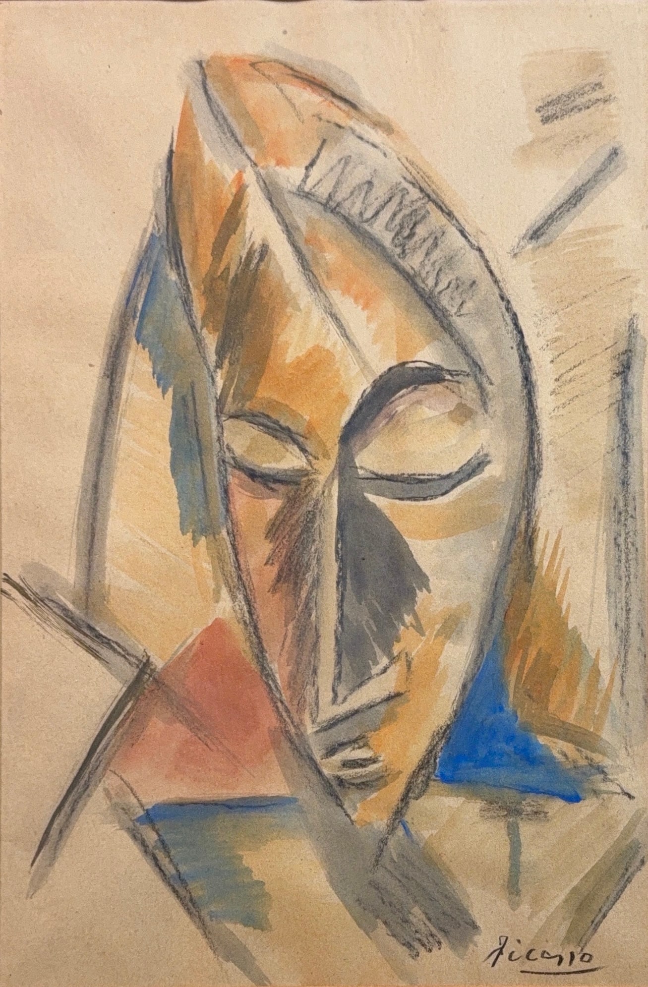 Pablo Picasso, Gouache/Mix Media on Paper, Spanish (1881-1973) Attributed: Artist, Year, Title: Pablo Picasso, (1881-1973). Origin: Spanish. Medium: Gouache/mix media on paper. Dimensions: 13.5” x 9”. 25.5” x 20.5”. Condition: Good overall. Attributed
