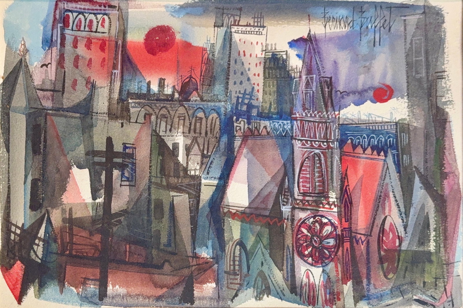 Bernard Buffet, Mix Media on Paper, French (1928-1999) Attributed (1 of 8)