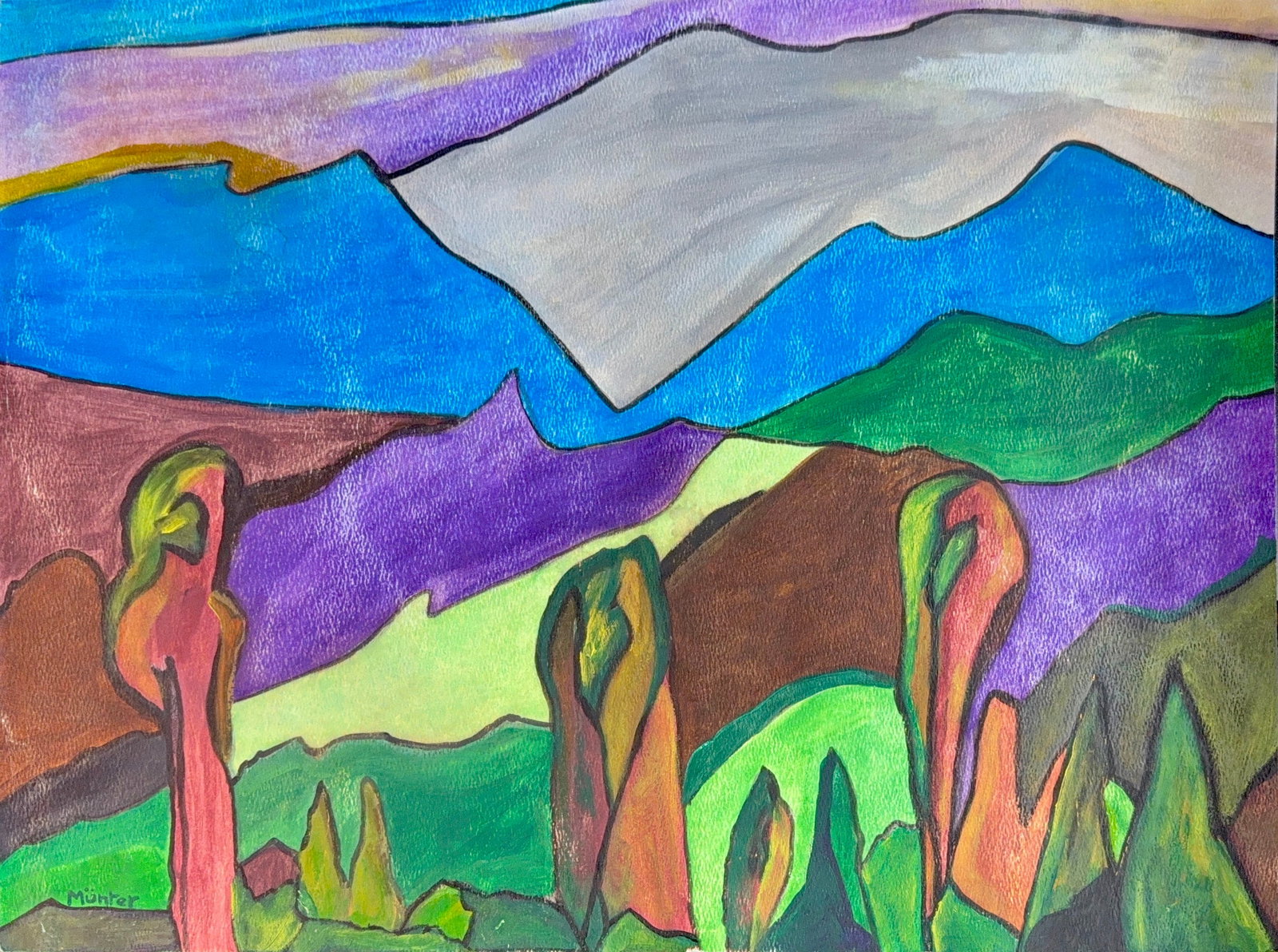 Re: Gabriele Munter, Watercolor on Card Board, German (1877-1962): Artist, Year, Title: Gabriele Munter, (1877-1962). Origin: German. Medium: Watercolor on card board. Dimensions: 17” x 23.5”. Condition: Good overall. Additional Information: Signed lower 