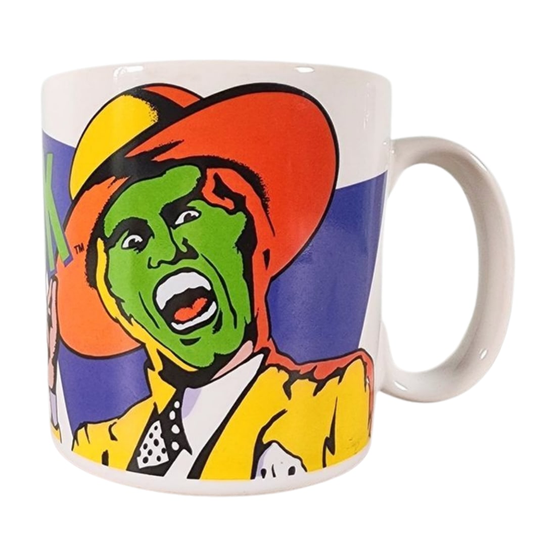 The Mask 1994 Movie Coffee Mug by Applause: Vintage coffee mug for the movie "The Mask" 1994 original by Applause. Marked on bottom. Measures 3 5/8" x 4 3/4" with handle and 3 3/8" opening.