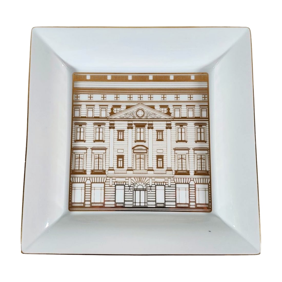 Rare CARTIER Fifth Ave Mansion XL Porcelain Tray: Rare CARTIER Fifth Ave Mansion XL Porcelain Tray, VIP Executive gift. White porcelain with gold trim and Mansion design. Cartier stamped on side and above doorway. Measures 9 5/8" x 9 5/8" x 1 5/8".