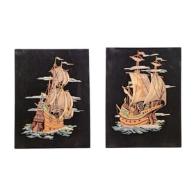 Vintage Mid Century Black Velvet Ship Paintings