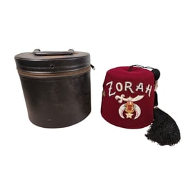 Vintage Shriner Fez ZORAH Jeweled Fraternal Hat w/ Case