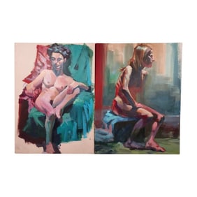 Two Impressionist Nude Art Woman Paintings