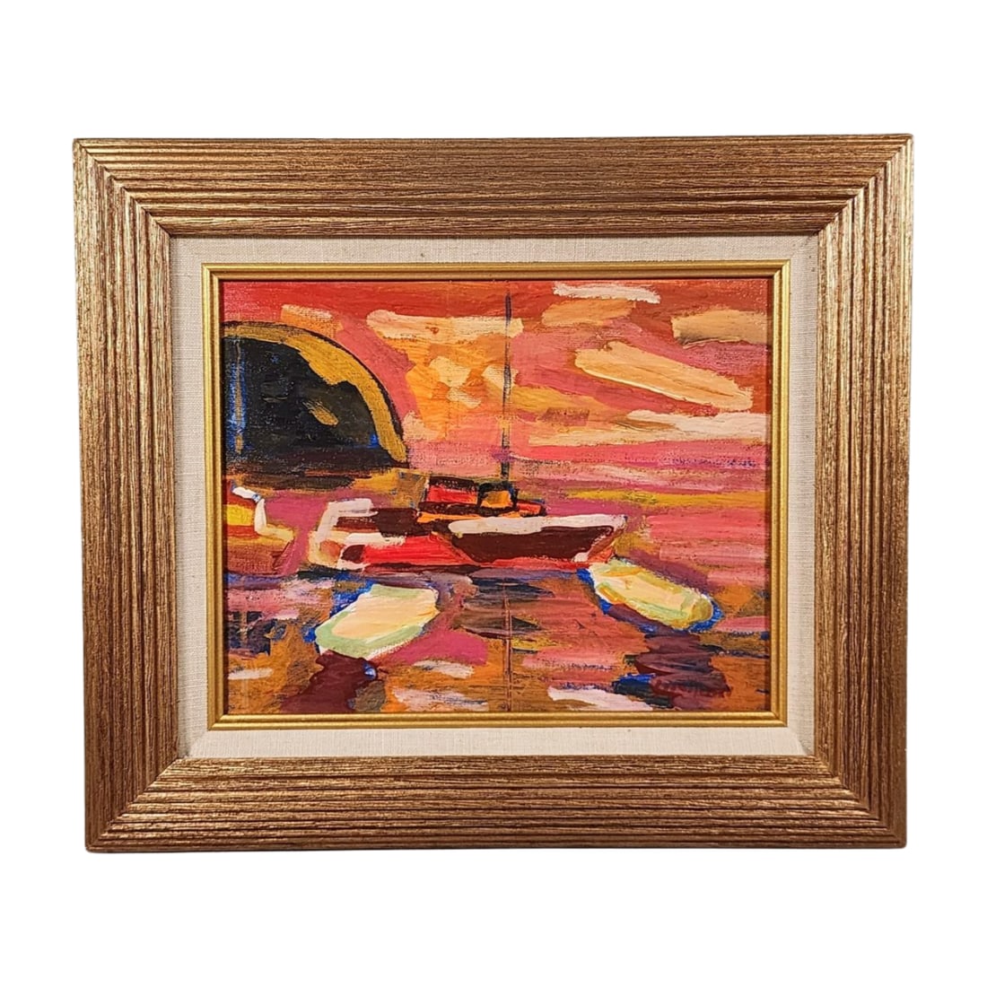 Abstract Impressionist Harbor Bay Seascape Painting on Board Framed (1 of 5)