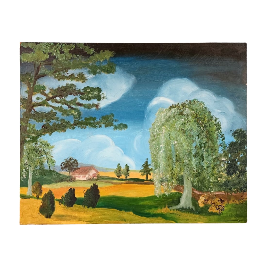 Landscape with Willow Tree Original Oil Painting on Board: Original oil painting on board depicting a tranquil landscape with a willow tree, vibrant greenery, and a barn under a dramatic sky. The piece reflects a regionalist style. Unknown artist. Measures 16