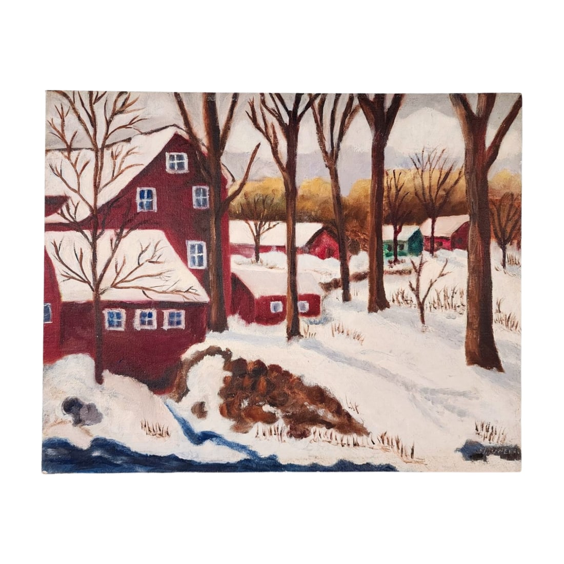 Nadien Whelam Winter Farm Scene Original Painting: Original painting on board depicting a snowy rural landscape with red barns and bare trees under a cloudy winter sky after M. Brum 1967 signed by Nadien Whelam. Measures 16" x 20".