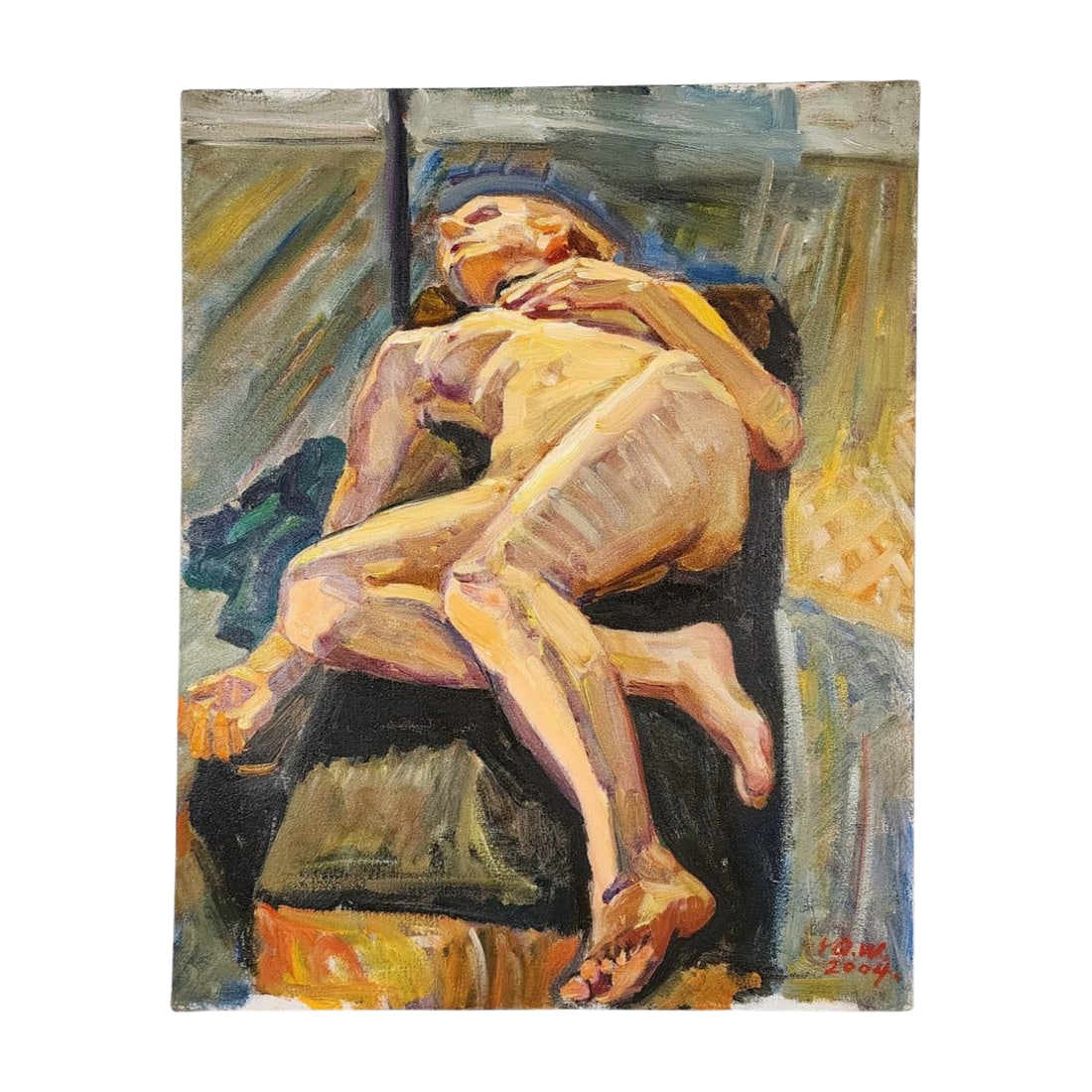 Reclining Nude, Expressionist Study Painting: Original painting on canvas features a reclining nude figure rendered in a bold, expressionist style. The artist's dynamic brushwork and vibrant color palette bring energy and intensity to the composi