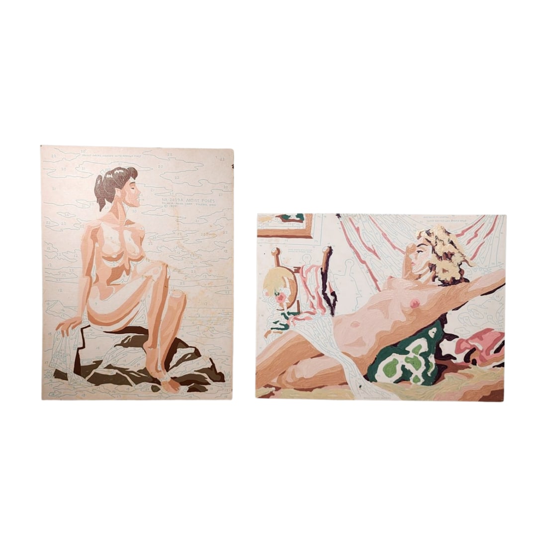 Unfinished Mid-Century Paint by Numbers Nude Art, Pair: Pair of mid-century unfinished paint by numbers artworks featuring nude figures. Includes one seated and one reclining figure. Marked NA-2409A and NA-2423, produced by Craft Master Corp, Toledo, Ohio,