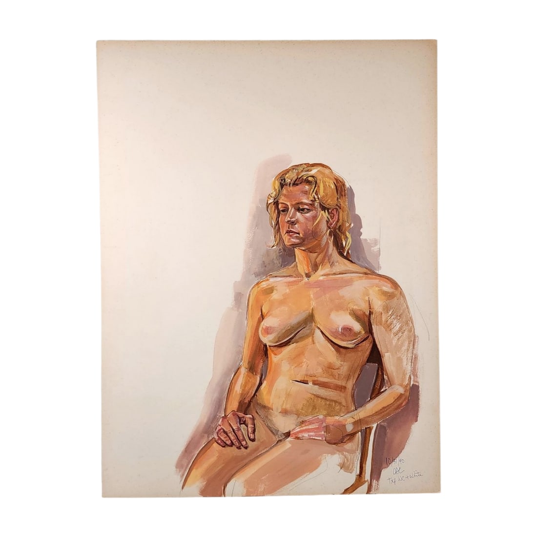 Seated Nude Figure Painting, 1990: This painting, signed and dated 10/90, features a nude female figure in a seated pose. The artist's signature and medium are inscribed in the bottom corner. Measures 15" x 20 1/4".