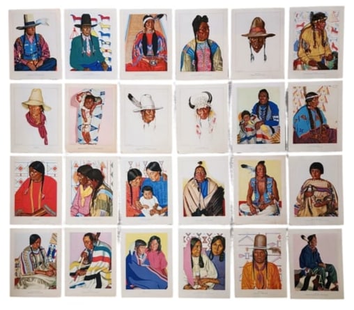 Set of 24 Native American Portrait Prints by Winold Reiss: Collection of 24 vintage portrait prints by Winold Reiss, renowned for his vibrant depictions of Native American individuals and families. These prints reflect Reiss's unique style, combining realism 