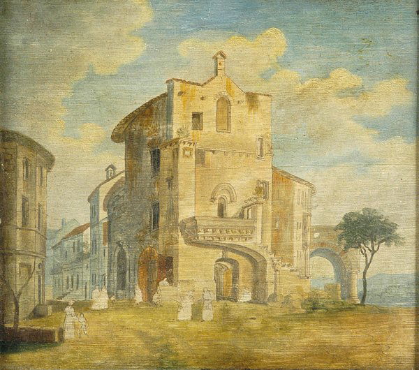 Scuola Romana del Xix Sec.: Veduta dei Castelli Romani con figure olio su tavola interessante dipinto alla maniera di Bartolomeo Pinelli; completo di elegante, vecchia cornice modanata in legno laccato Dimensione: 20x24 cm.