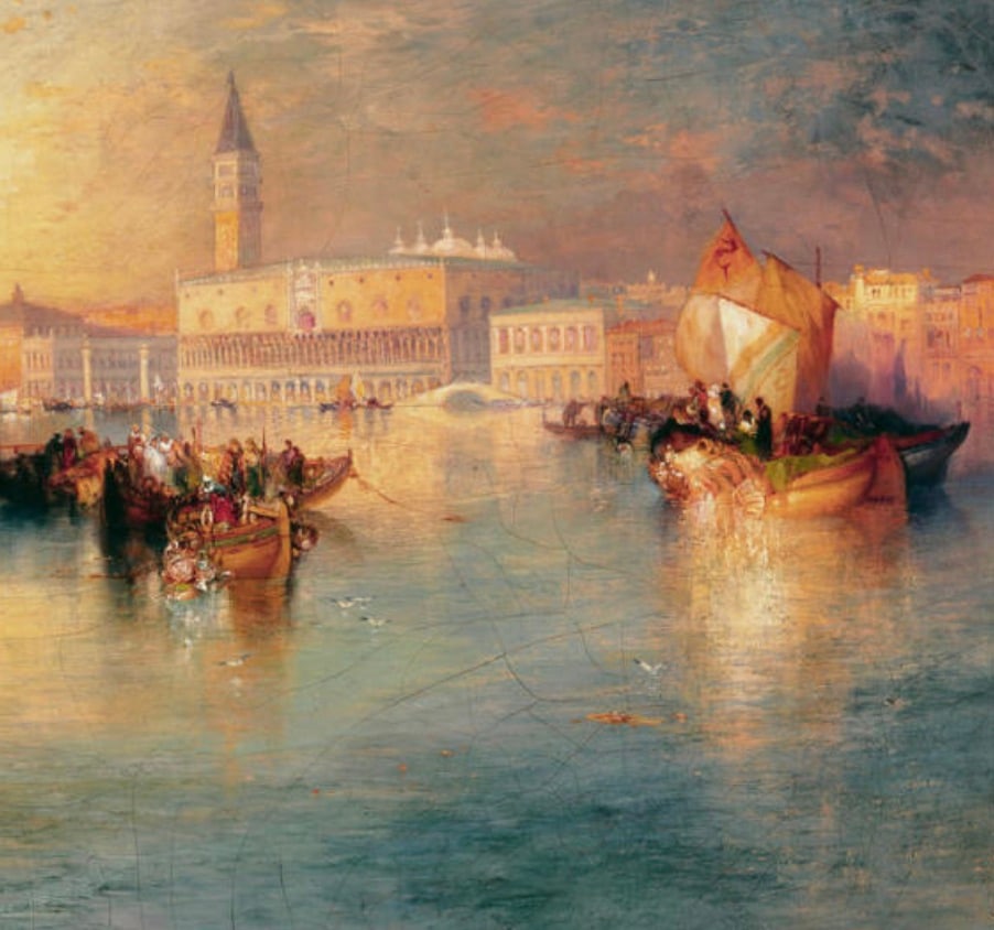Thomas Moran (British, 1837-1926) Tranquil Day in Venice, "1900" Print: Thomas Moran (British, 1837-1926) Tranquil Day in Venice, "1900" Print. 29.80 x 24.80 inches. Please be aware that all lots in our auctions are sold "AS IS," in accordance with the Terms & Conditions
