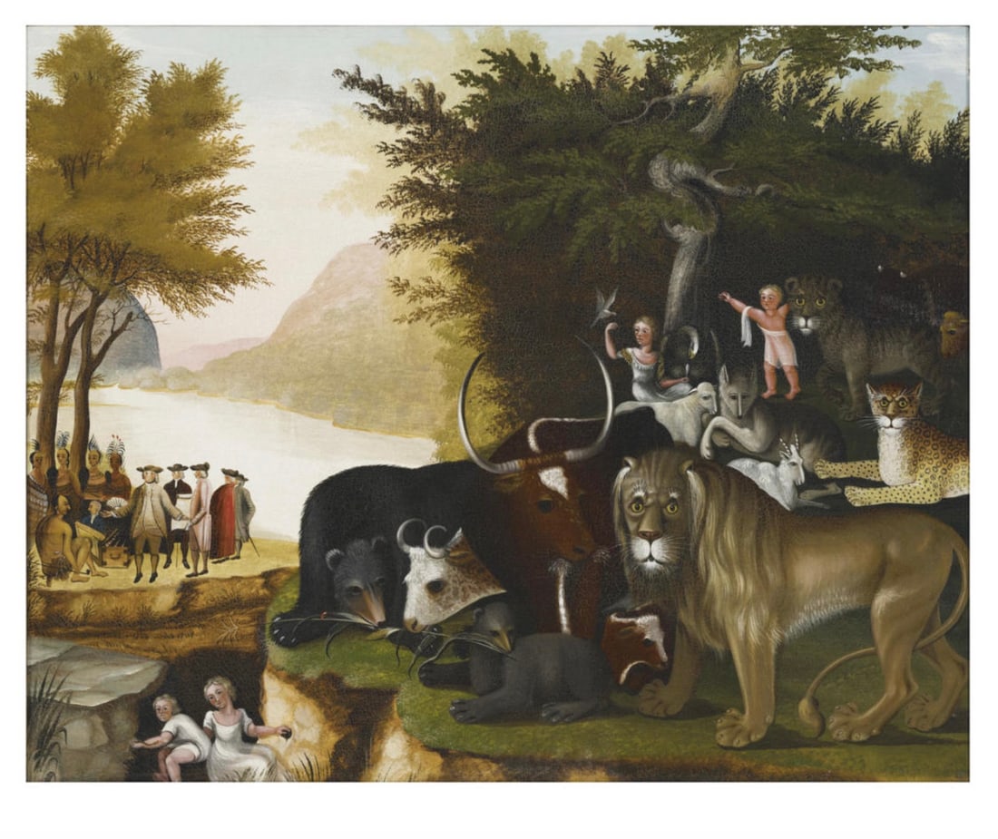 Edward Hicks (American, 1780-1849) Peaceable Kingdom, CA. "1837" Print: Edward Hicks (American, 1780-1849) Peaceable Kingdom, CA. "1837" Print. 39.60 x 31.60 inches. Please be aware that all lots in our auctions are sold "AS IS," in accordance with the Terms & Conditions