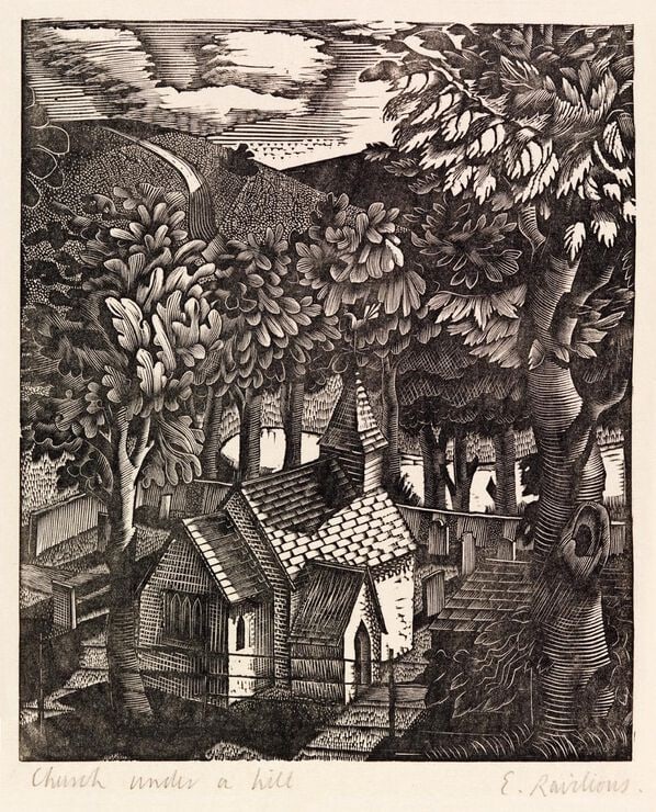 Eric William Raviolous (British, 1903-1942) Church Under a Hill" Print (1 of 5)