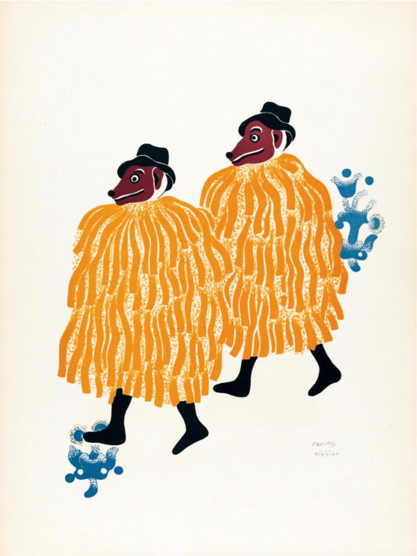 Carlos Merida (Guatemalan, 1891-1984) Two Men in Costume, "1940" Print: Carlos Merida (Guatemalan, 1891-1984) Two Men in Costume, "1940" Print. Bonded to fabric. Marked in the plate near the bottom right. 22.50 x 30.00 inches. Please be aware that all lots in our auctions