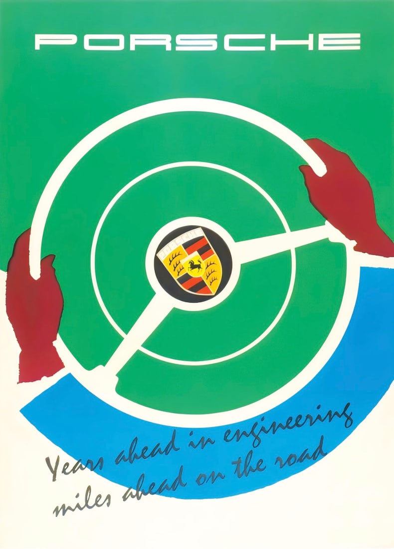 Porsche Poster: Porsche Poster. Bonded to fabric. Large size. Please be aware that all lots in our auctions are sold "AS IS," in accordance with the Terms & Conditions of the Auction. Condition descriptions and price