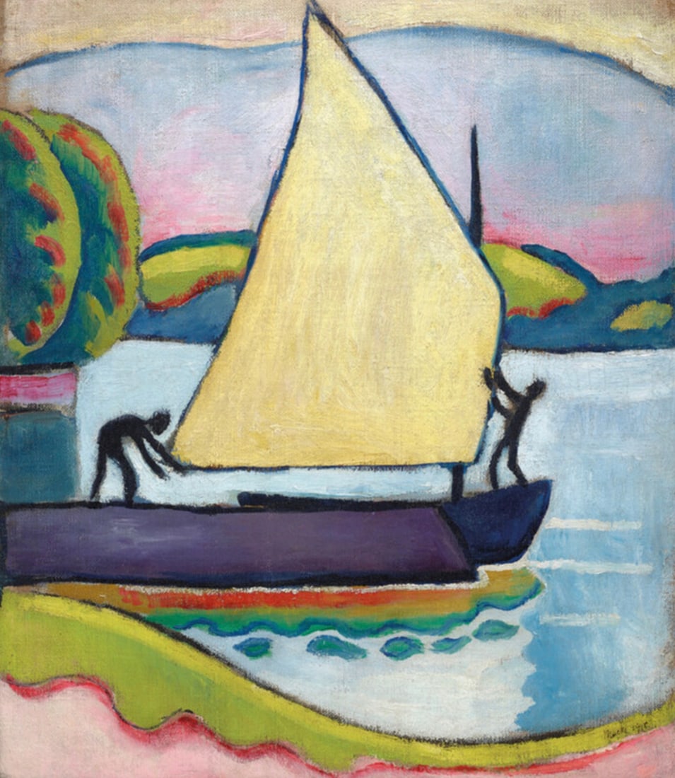 August Macke (German, 1887-1914) Segelboot am Morgen, "1910" Print: August Macke (German, 1887-1914) Segelboot am Morgen, "1910" Print. 21.90 x 19.60 inches. Bonded to fabric. Please be aware that all lots in our auctions are sold "AS IS," in accordance with the Terms