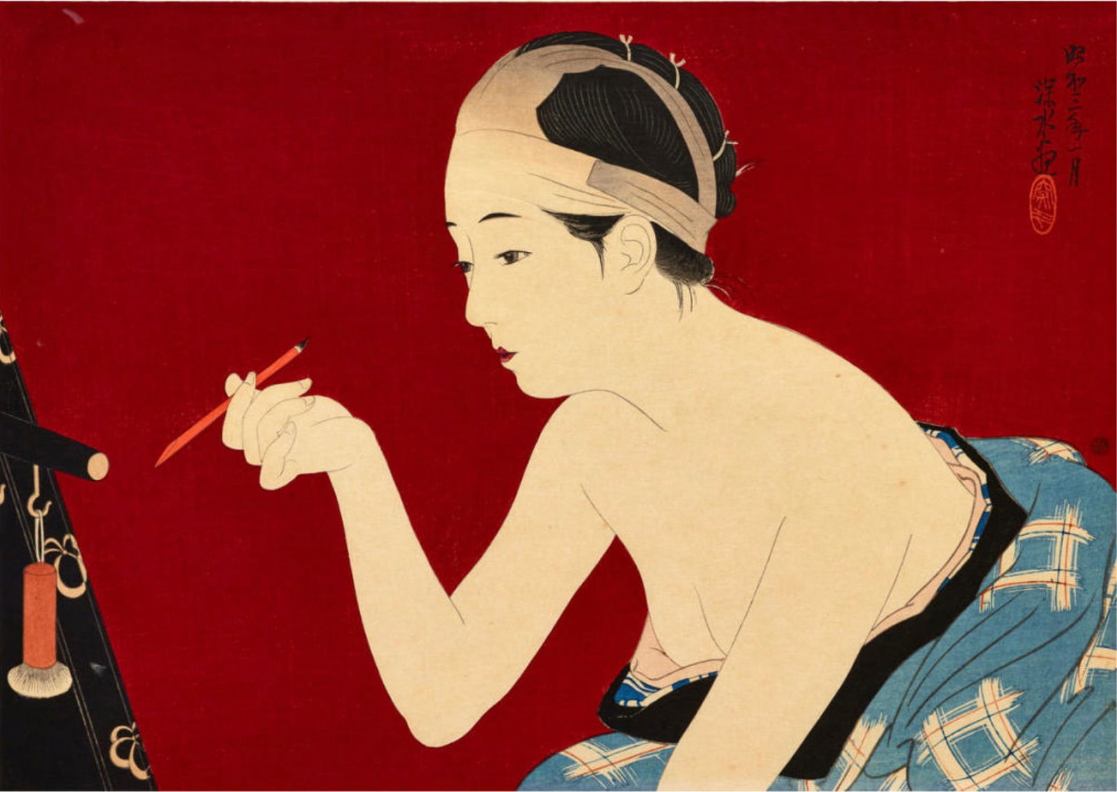 Ito Shinsui (Japanese, 1898-1972) The Eyebrow Pencil, "1928" Print: Ito Shinsui (Japanese, 1898-1972) The Eyebrow Pencil, "1928" Print. Around 15.50 x 11.00 inches. Bonded to fabric. Please be aware that all lots in our auctions are sold "AS IS," in accordance with th
