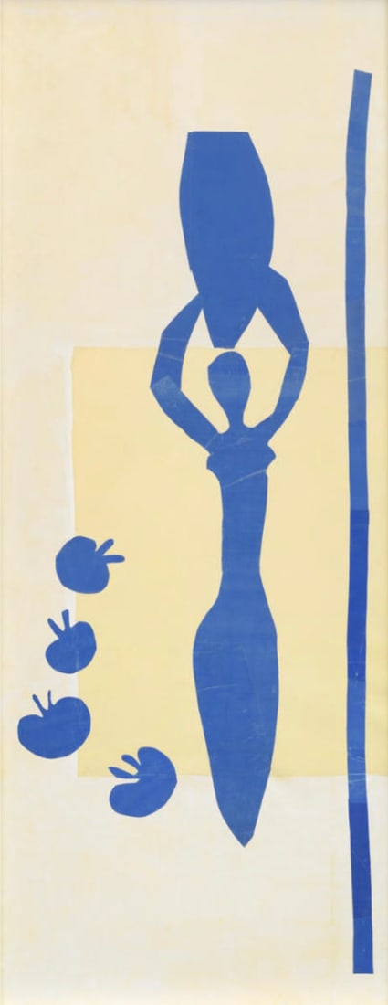 Henri Matisse (French, 1869-1954): Henri Matisse (French, 1869-1954). Woman with Amphora and Pomegranates, "1953" Print. Bonded to fabric. 15.25 x 39.75 inches. Please be aware that all lots in our auctions are sold "AS IS," in accorda
