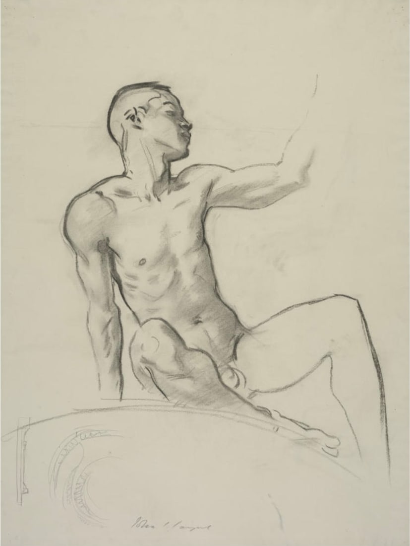 John Singer Sargent (American, 1856-1925): John Singer Sargent (American, 1856-1925). Male Nude, "1917" Print. Marked in the print on the bottom side. 11.85 x 15.85 inches. Bonded to fabric. Please be aware that all lots in our auctions are so