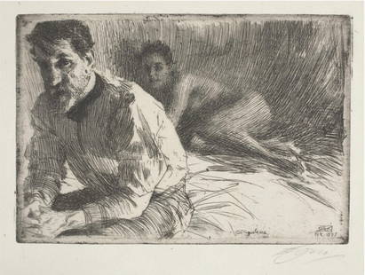 Anders Zorn (Swedish, 1860-1920): Anders Zorn (Swedish, 1860-1920). Augustus Saint Gaudens II, "1897" Print. 15.70 x 11.70 inches. Marked in the print on the bottom right. Bonded to fabric. Please be aware that all lots in our auction