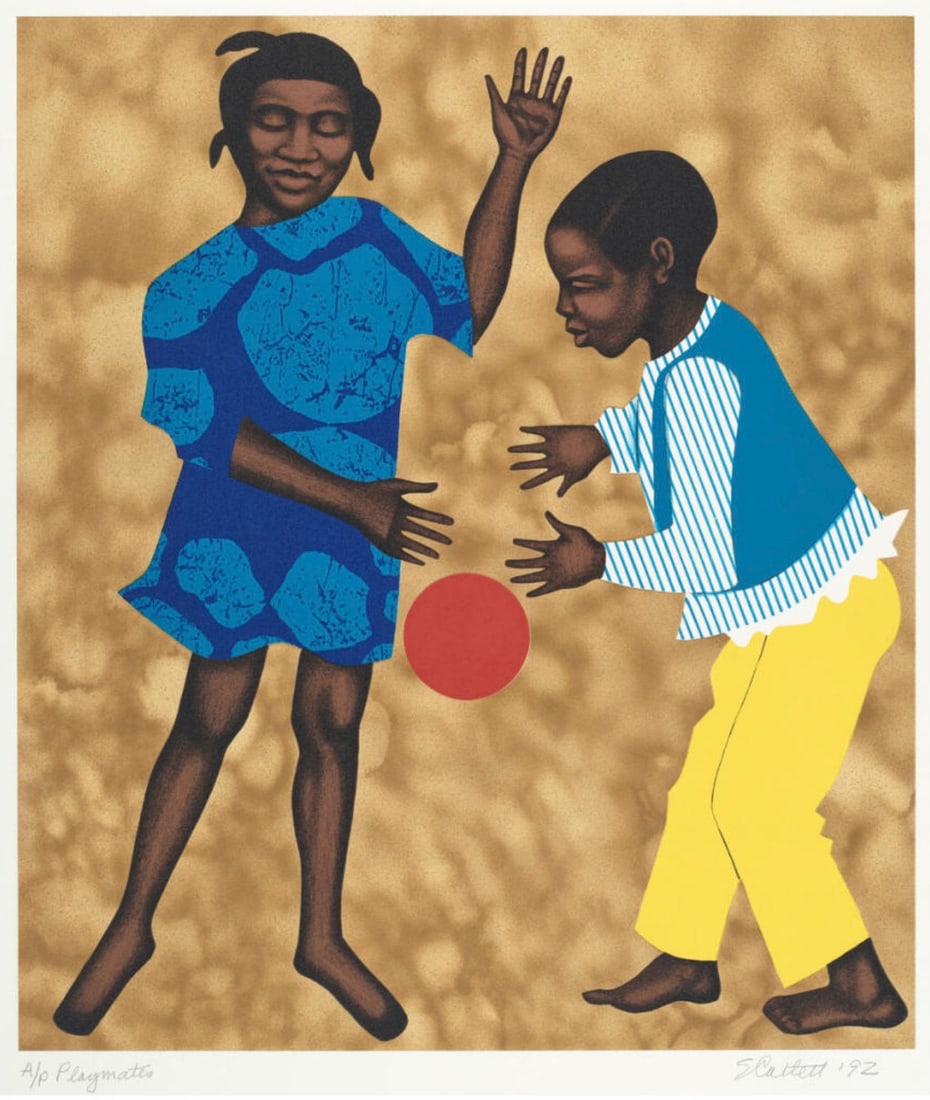 Elizabeth Catlett (American, 1915-2012): Elizabeth Catlett (American, 1915-2012). Playmates, "1992" Print. 18.50 x 21.55 inches. Markings are in the print. Bonded to fabric. Please be aware that all lots in our auctions are sold "AS IS," in
