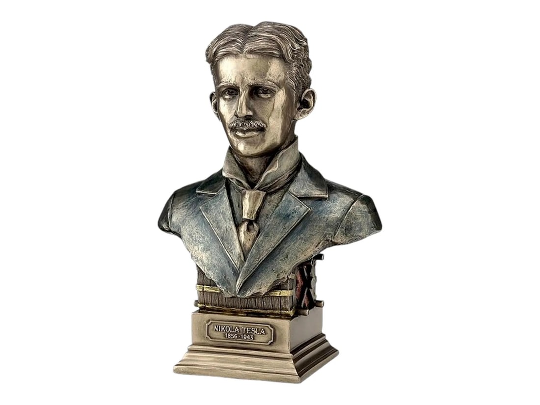 Nikola Tesla Bust: Nikola Tesla Bust. Bronze and resin. 6.50 x 9.00 x 5.11 inches. Please be aware that all lots in our auctions are sold "AS IS," in accordance with the Terms & Conditions of the Auction. Condition desc