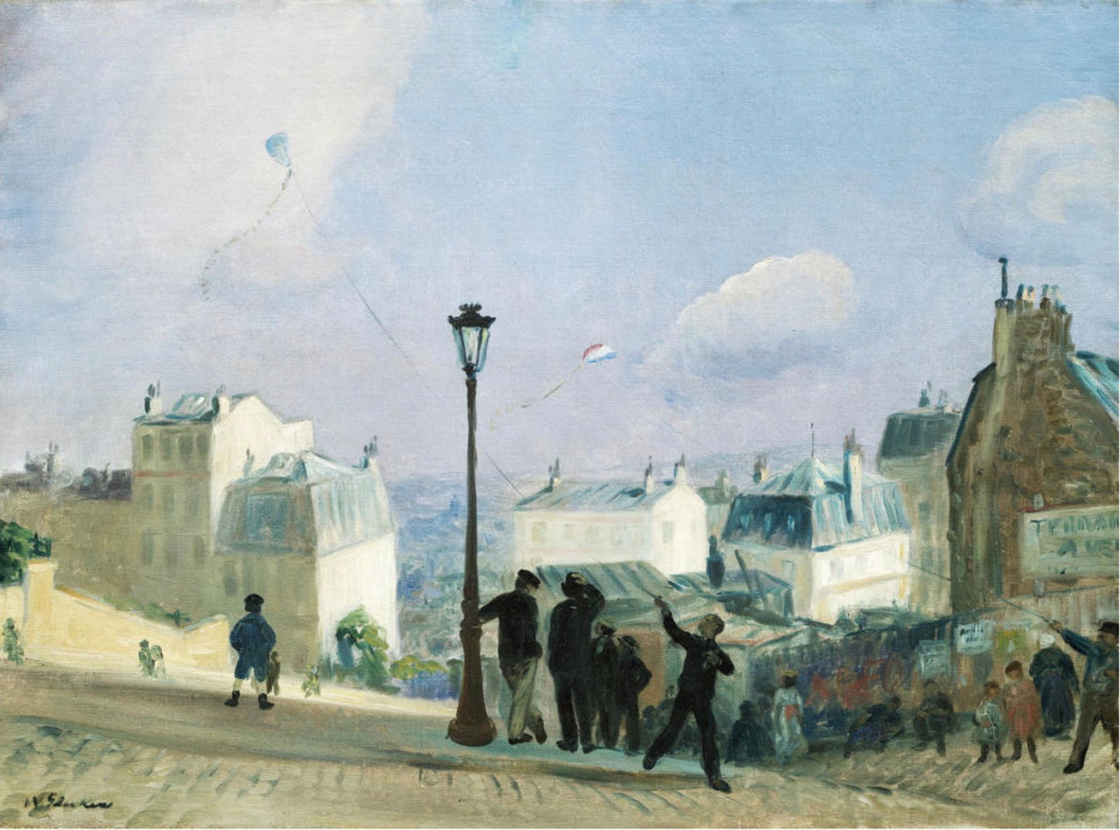 William James Glackens (American, 1870-1938): William James Glackens (American, 1870-1938). Flying Kites, Montmartre, "1906" Print. 29.50 x 22.00 inches. Marked in the print on the bottom left. Please be aware that all lots in our auctions are so