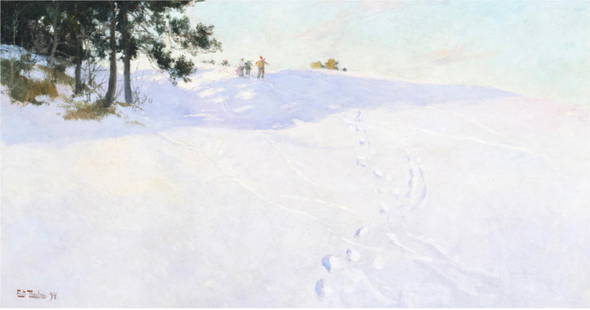 Frits Thaulow (Norwegian, 1847-1906): Frits Thaulow (Norwegian, 1847-1906). Skiers at the Top of a Snow Covered Hill, "1894" Print. Marked in the print on the bottom left. Please be aware that all lots in our auctions are sold "AS IS," in