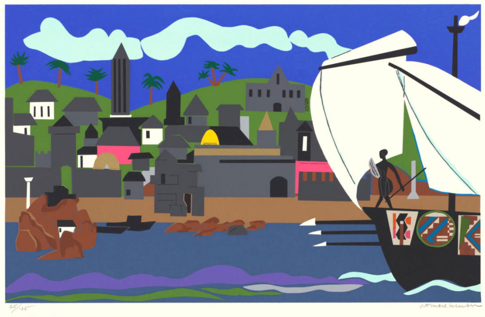 Romare Bearden (American, 1911-1988): Romare Bearden (American, 1911-1988). Home to Ithaca, "1979" Print. 39.75 x 25.75 inches. Bonded to fabric. All markings are in the print. Please be aware that all lots in our auctions are sold "AS IS