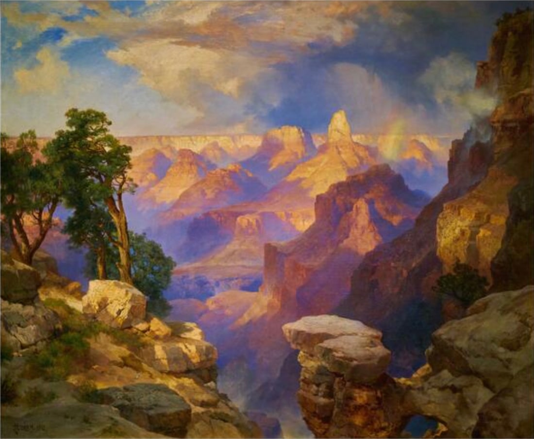Thomas Moran (American, 1837-1926): Thomas Moran (American, 1837-1926). Grand Canyon with Rainbow, "1912" Print. 46.25 x 37.25 inches. Please be aware that all lots in our auctions are sold "AS IS," in accordance with the Terms & Condit