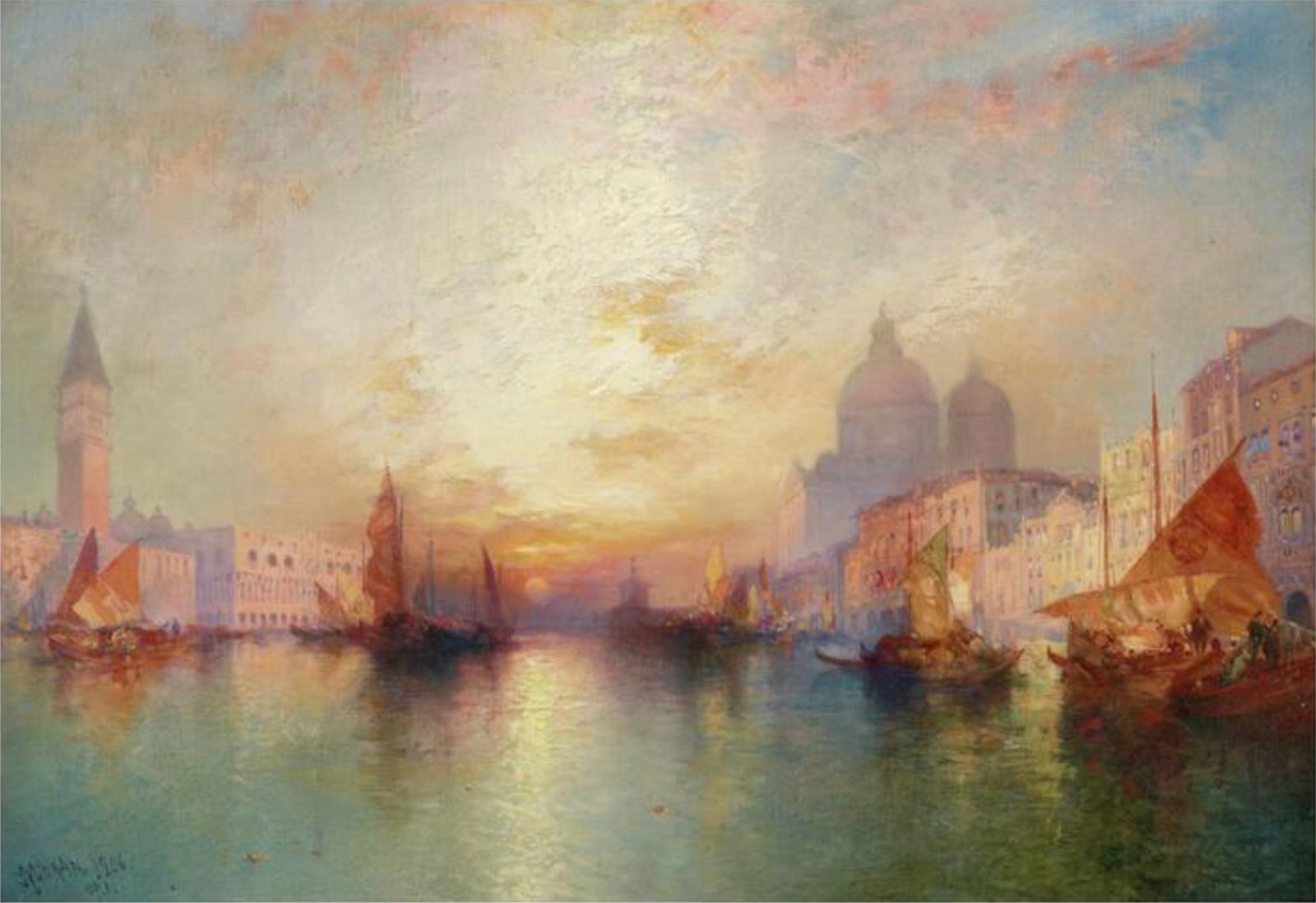 Thomas Moran (American, 1837-1926): Thomas Moran (American, 1837-1926). Grand Canal at Sunset, Venice, "1906" Print. 55.00 x 37.00 inches. Please be aware that all lots in our auctions are sold "AS IS," in accordance with the Terms & Co