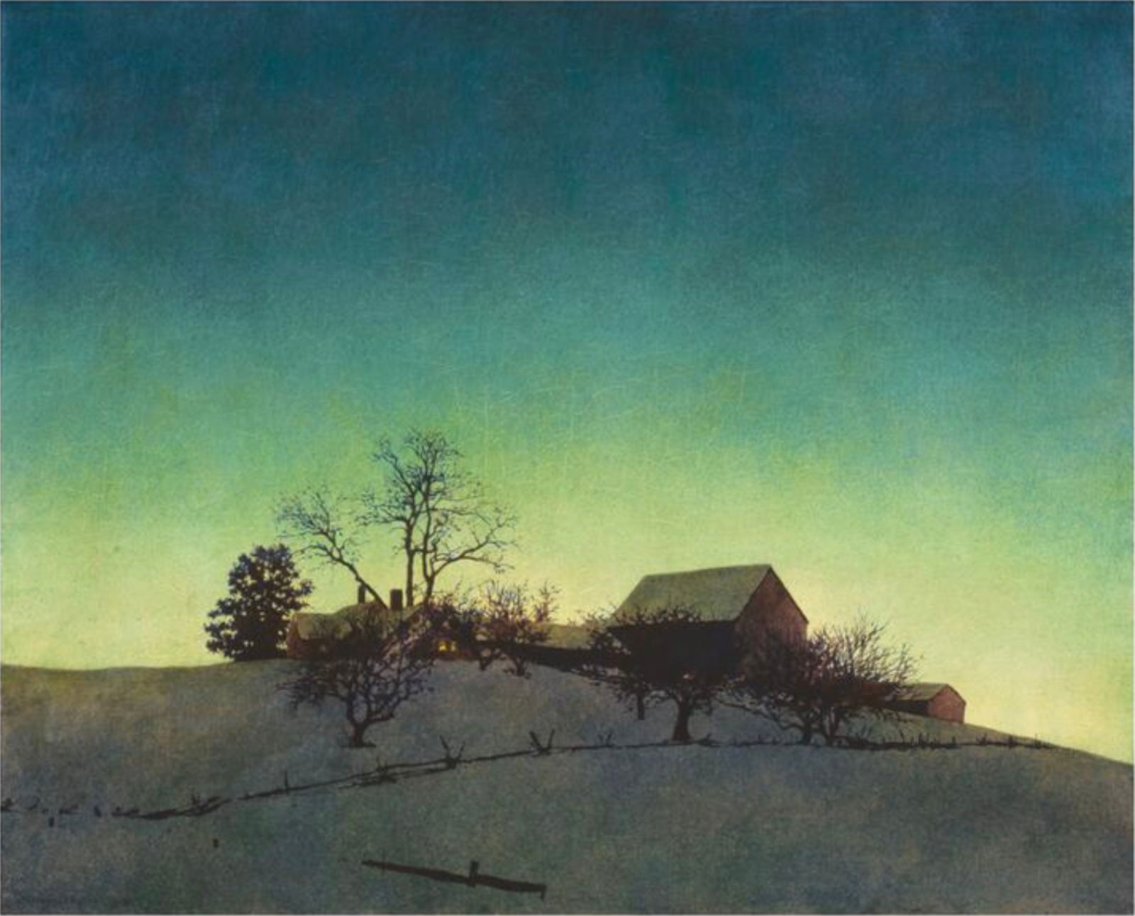 Maxfield Parrish (American, 1870-1966): Maxfield Parrish (American, 1870-1966). Freeman Farm, Winter, "1935" Print. 37.00 x 29.75 inches. Please be aware that all lots in our auctions are sold "AS IS," in accordance with the Terms & Conditi