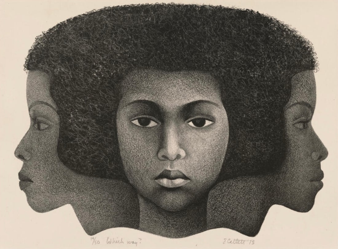 Elizabeth Catlett (American, 1915-2012): Elizabeth Catlett (American, 1915-2012). Which Way?, "1973" Print. 15.75 x 11.50 inches. Bonded to fabric. Please be aware that all lots in our auctions are sold "AS IS," in accordance with the Terms