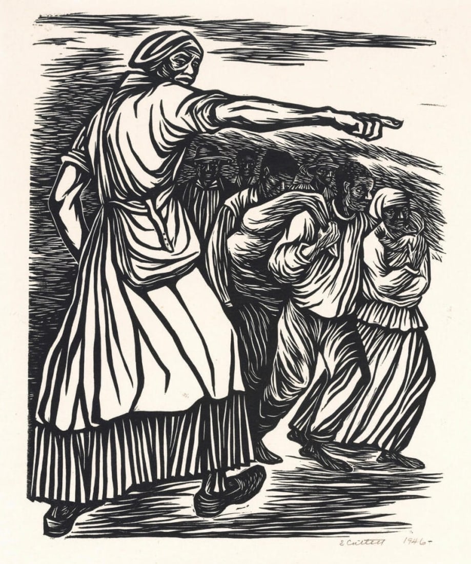 Elizabeth Catlett (American, 1915-2012): Elizabeth Catlett (American, 1915-2012). Harriet Tubman I Helped Hundreds to Freedom, "1946" Print. 13.25 x 15.75 inches. Bonded to fabric. Please be aware that all lots in our auctions are sold "AS I