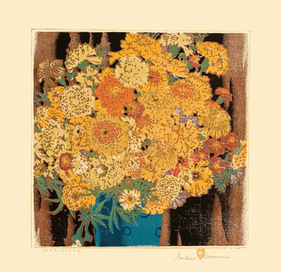 Gustave Baumann (American, 1881-1971): Gustave Baumann (American, 1881-1971). Marigolds Print. Marked in the plate. Bonded to fabric. Not a woodblock. Please be aware that all lots in our auctions are sold "AS IS," in accordance with the T