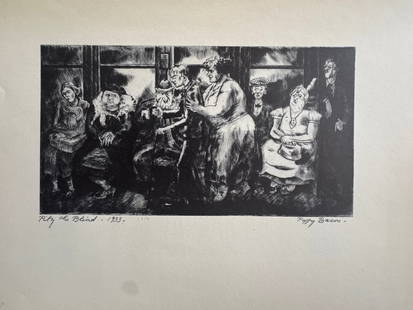Peggy Bacon (American, 1895-1987) Print: Peggy Bacon (American, 1895-1987) Print. Pity the Blind, "1933" Print. All markings done in the plate. Signed, dated, and titled in the plate. 9.00 x 12.00 inches. Printed in 1939. Please be aware