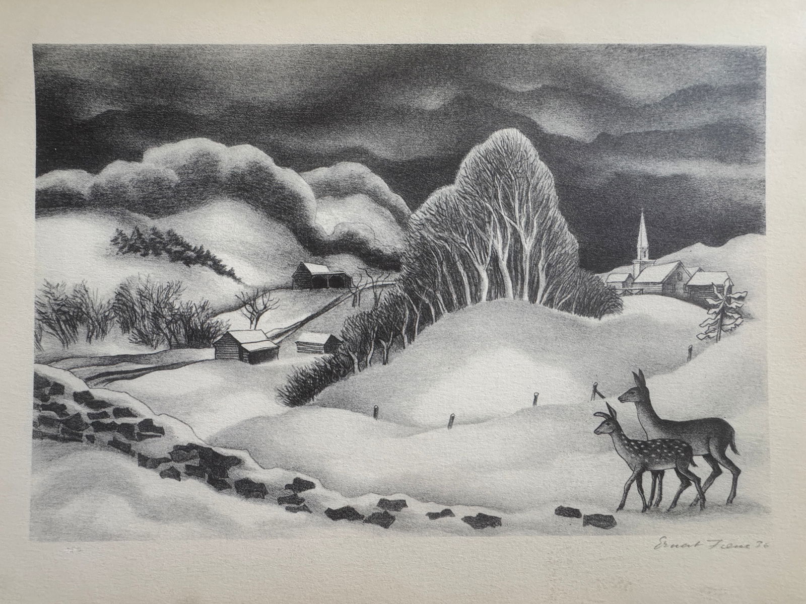 Ernest Fiene (American, 1894-1965) Print: Ernest Fiene (American, 1894-1965) Print. Winter Evening, "1936". 12.50 x 9.50 inches. Printed in 1939. Signed in the plate. Please be aware that all lots in our auctions are sold "AS IS," in accordan