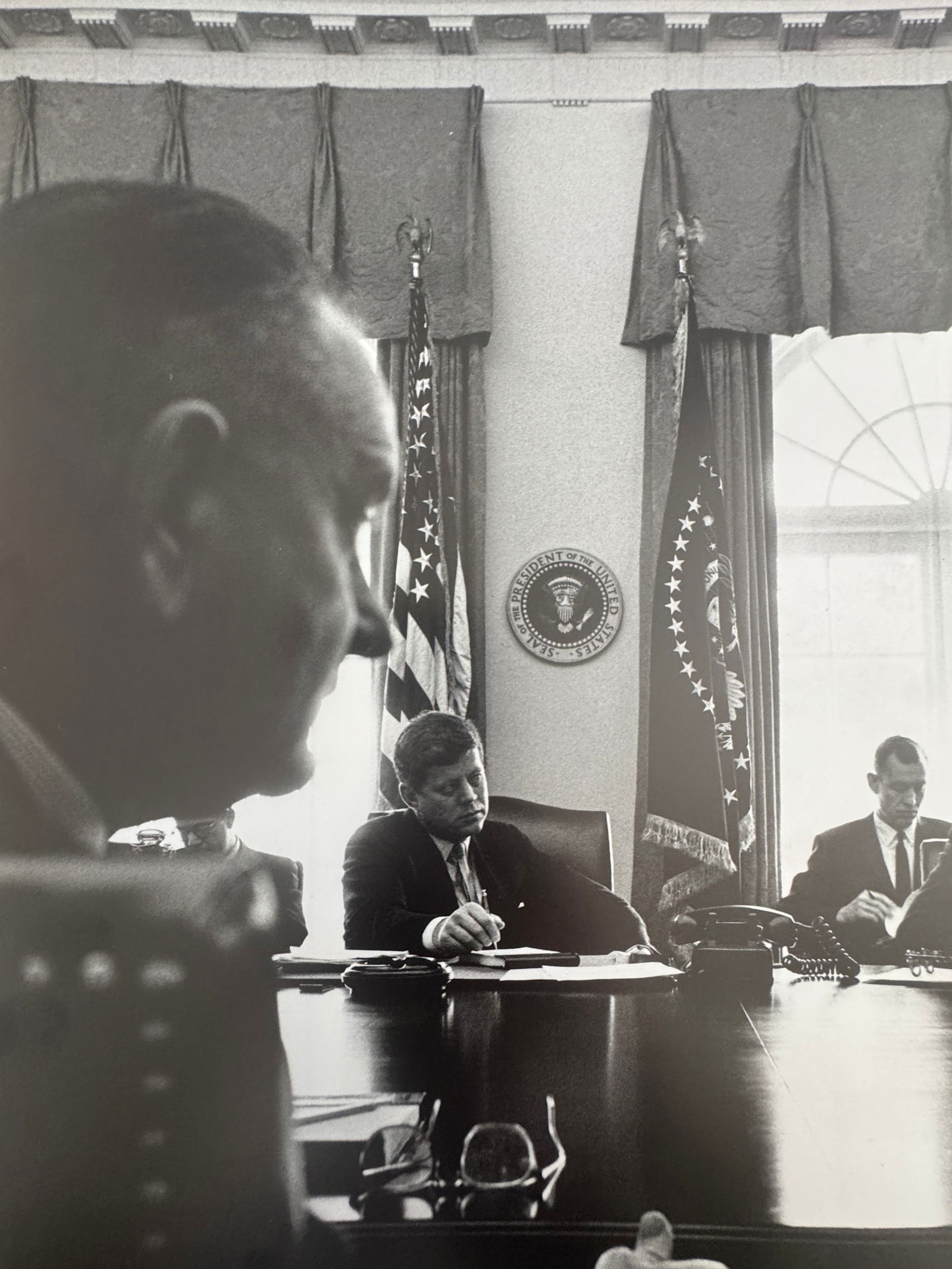Cornell Capa (Hungarian-American, 1918-2008) Print: Cornell Capa (Hungarian-American, 1918-2008) Print. Printed in 1992. Duotone. John F. Kennedy, Lyndon B. Johnson, at a Cabinet Meeting, the White House, "1961". 9.85 x 6.60 inches. Please be aware tha