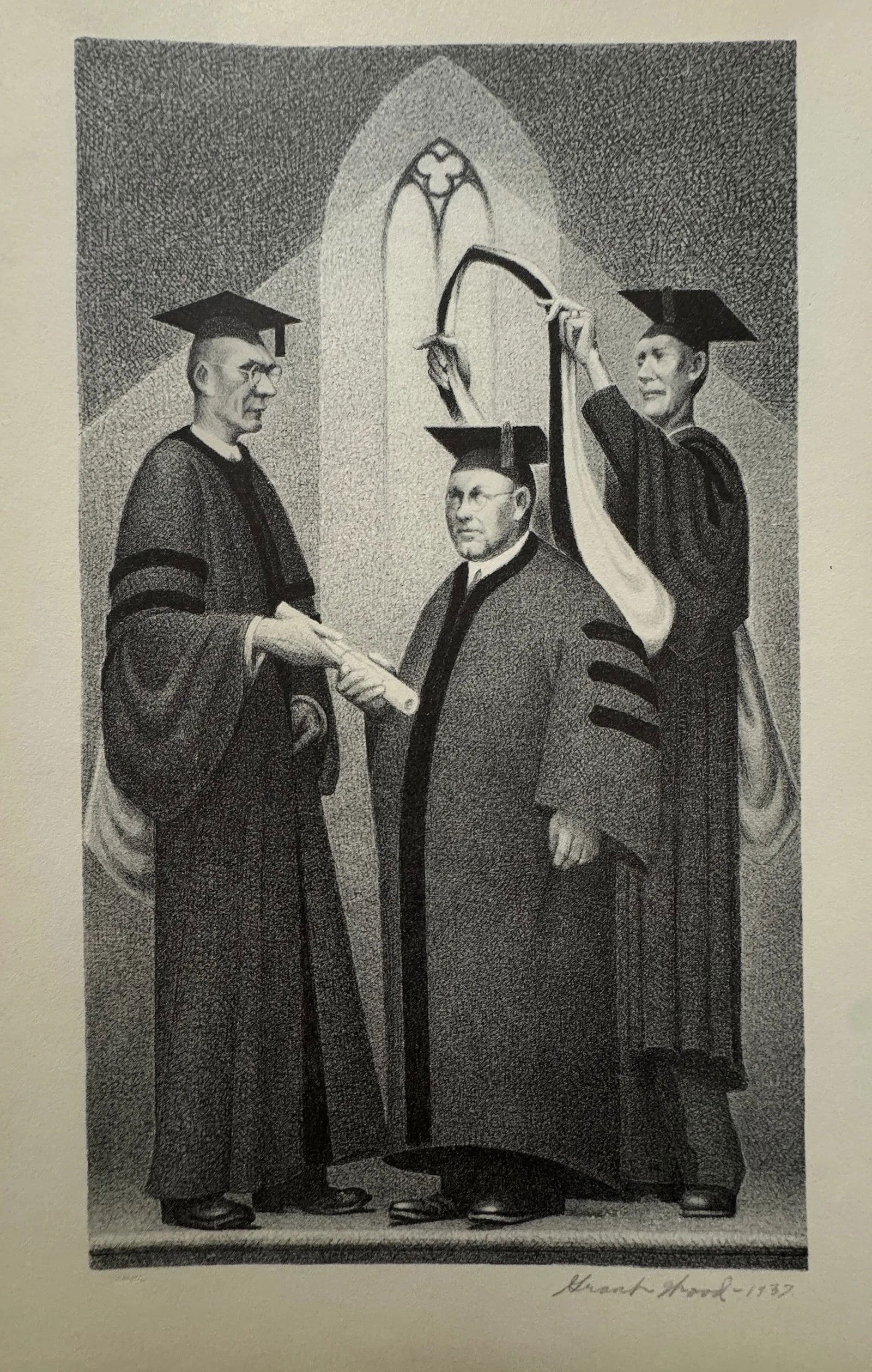 Grant Wood (American, 1891-1942) Print: Grant Wood (American, 1891-1942) Print. Honorary Degree, "1937" Print.12.60 x 9.50 inches. Signed in the plate. Printed in 1939. Please be aware that all lots in our auctions are sold "AS IS," in acco