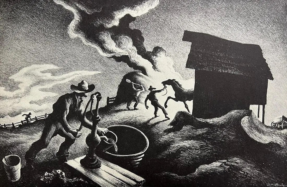 Thomas Hart Benton (American, 1889-1975) Print: Thomas Hart Benton (American, 1889-1975) Print. Fire in the Barnyard, "1944". Printed in 1979. 10.00 x 7.00 inches. Please be aware that all lots in our auctions are sold "AS IS," in accordance with t