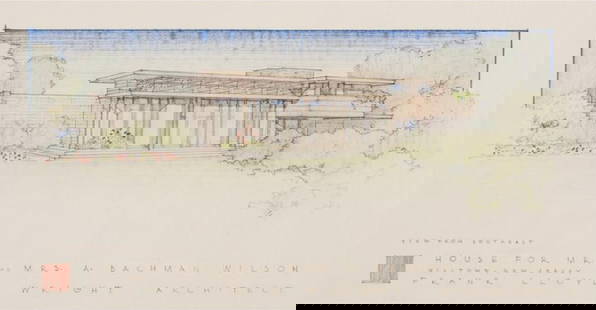 Frank Lloyd Wright (American, 1867-1959) Blueprint Print: Frank Lloyd Wright (American, 1867-1959) Blueprint Print. Bachman-Wilson House, Milltown, New Jersey, "1954". Moved to Bentonville, Arkansas. Bonded to fabric. 57.50 x 30.00 inches. Please be aware th