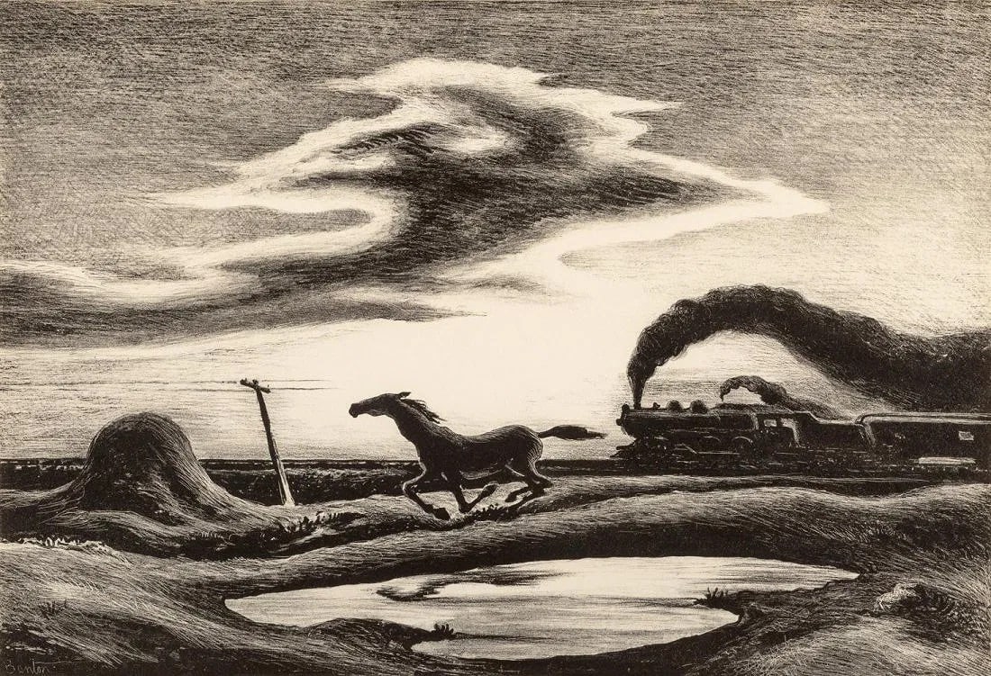 Thomas Hart Benton (American, 1889-1975) Print: Thomas Hart Benton (American, 1889-1975) Print. The Race, "1942". Printed in 1979. 11.00 x 9.00 inches. Please be aware that all lots in our auctions are sold "AS IS," in accordance with the Terms & C